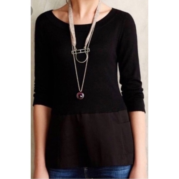 Anthropologie Moth Cotton Wool Breeze Point Black 3/4 Sleeve Pockets Sweater L - Picture 1 of 10